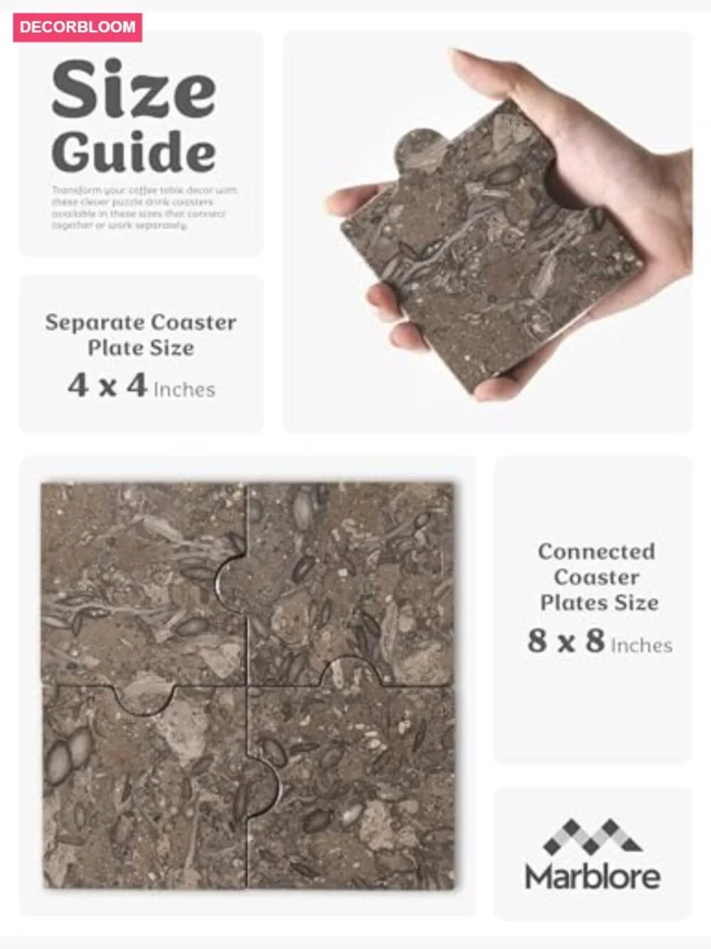Set of 4 Square Marble Drink Coasters for Coffee Table, Bar & Kitchen Decor